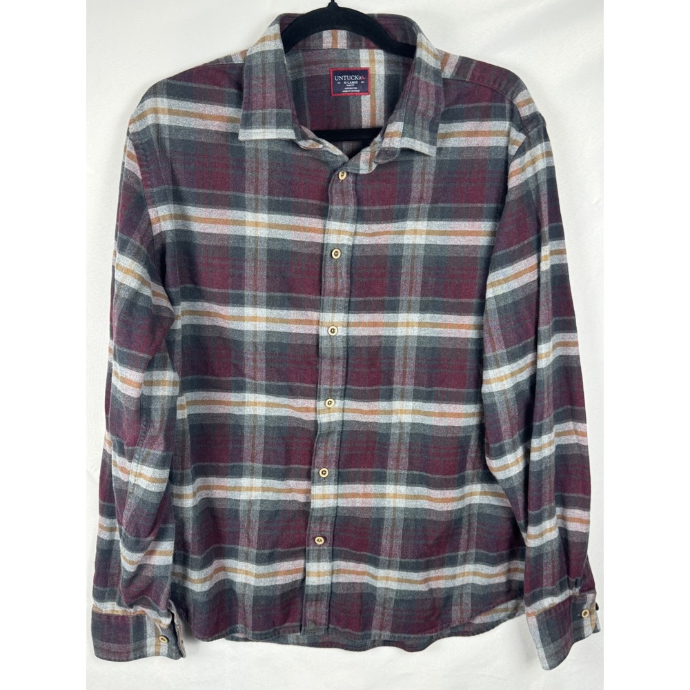 UNTUCKit Greyton 41003 Mens XL Slim Fit Plaid Flannel Shirt Burgundy Grey Cotton